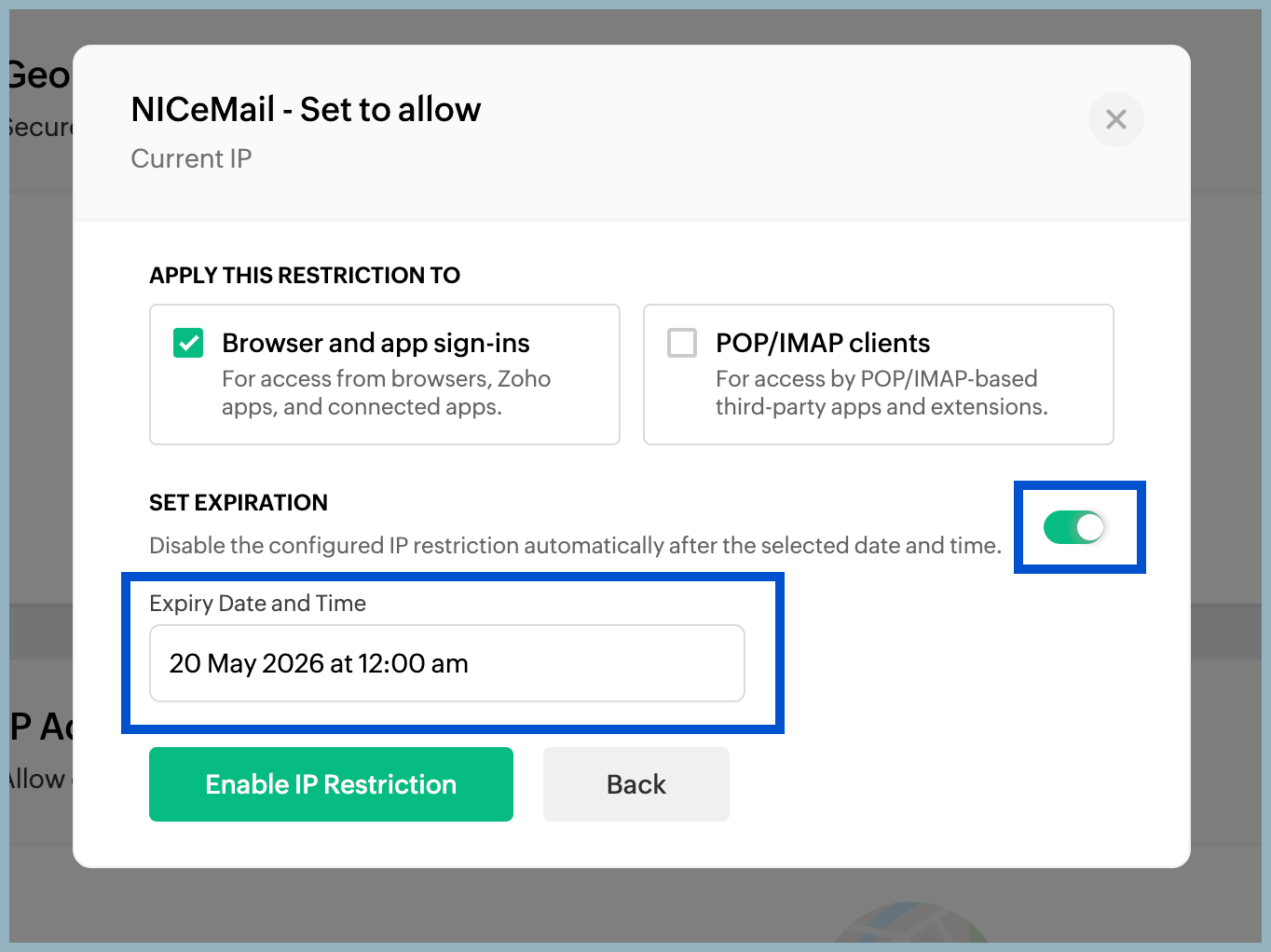 Set expiry for IP restriction Set expiry for IP restriction